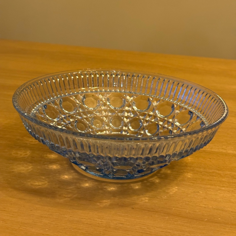 Vintage 70s Blue Glass Bowl Federal Glass Windsor Button and Cane 7.5”